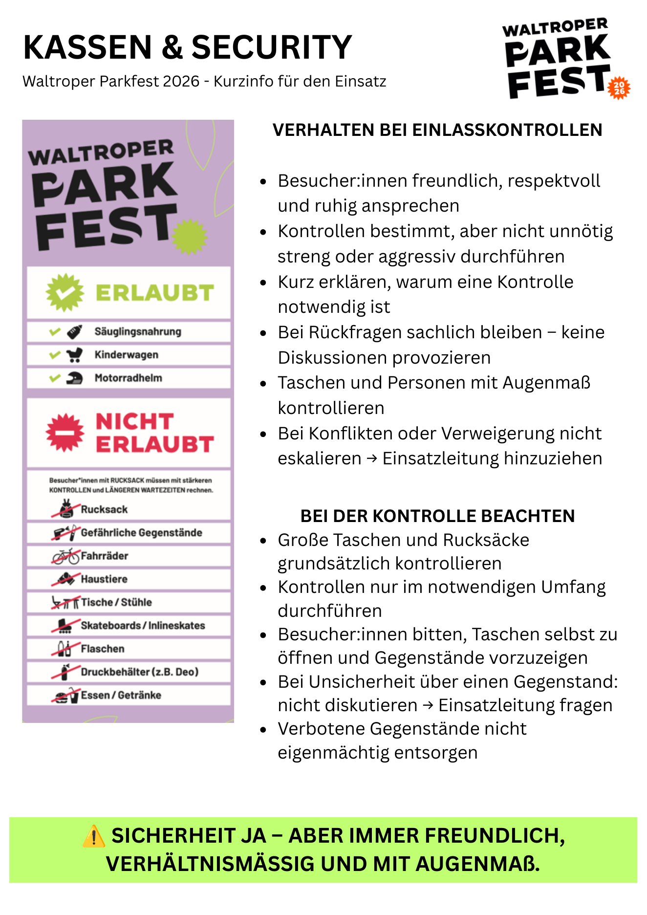 Original-Infosheet: Verhalten bei Einlasskontrollen und Erlaubt/Nicht erlaubt