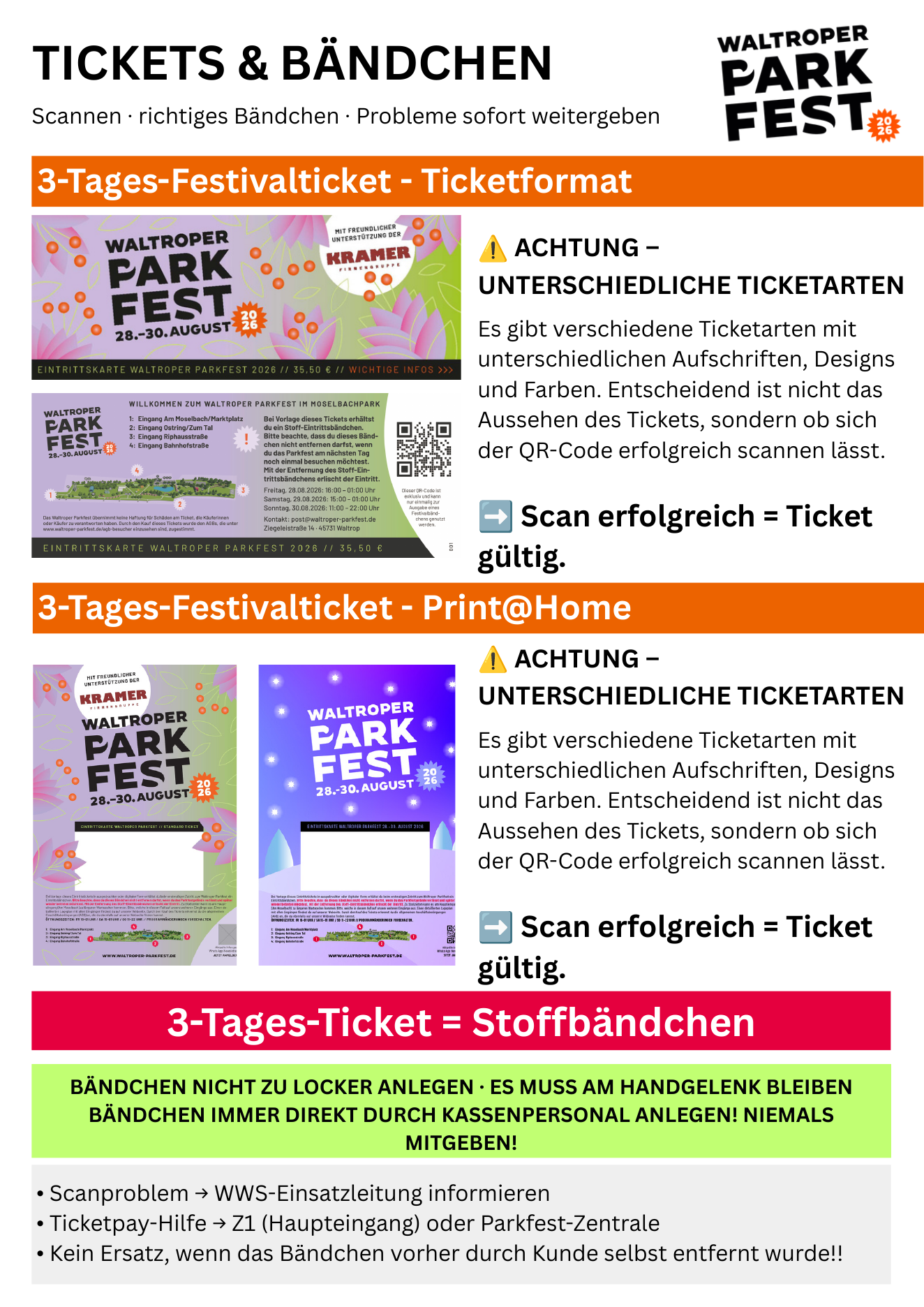 Original-Infosheet: 3-Tages-Tickets und Stoffbändchen